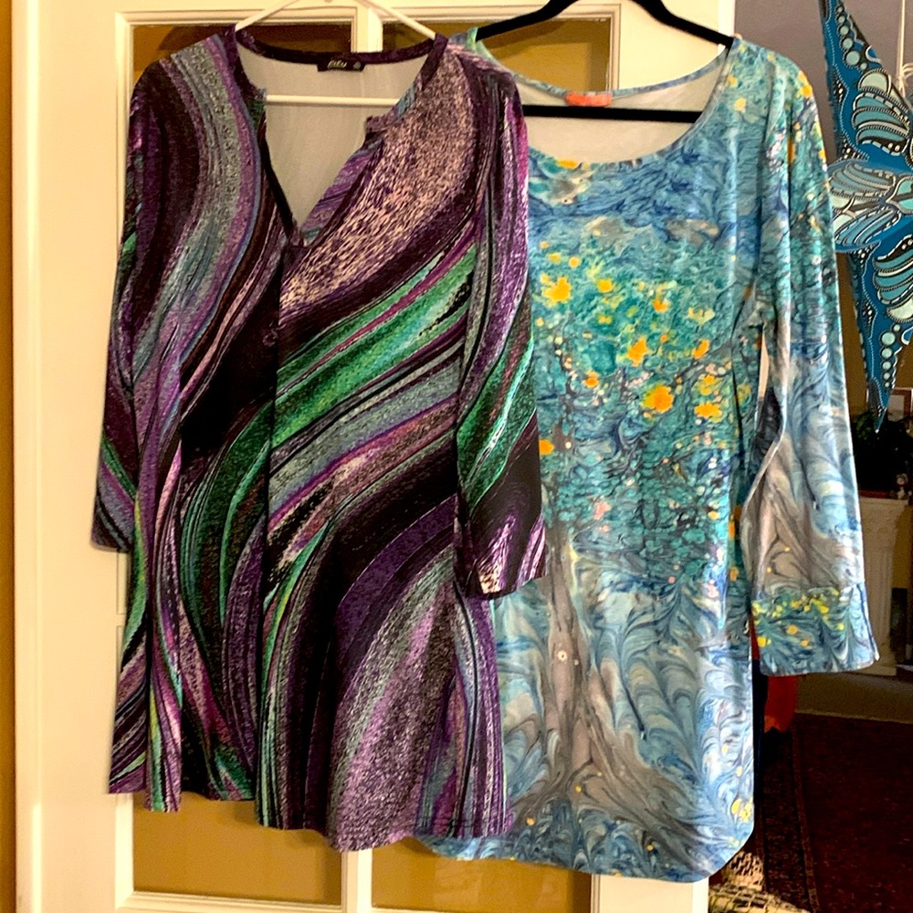 Two XL Tunics. One Purple/Green. One light blue abstract. Polyester and Spandex.
